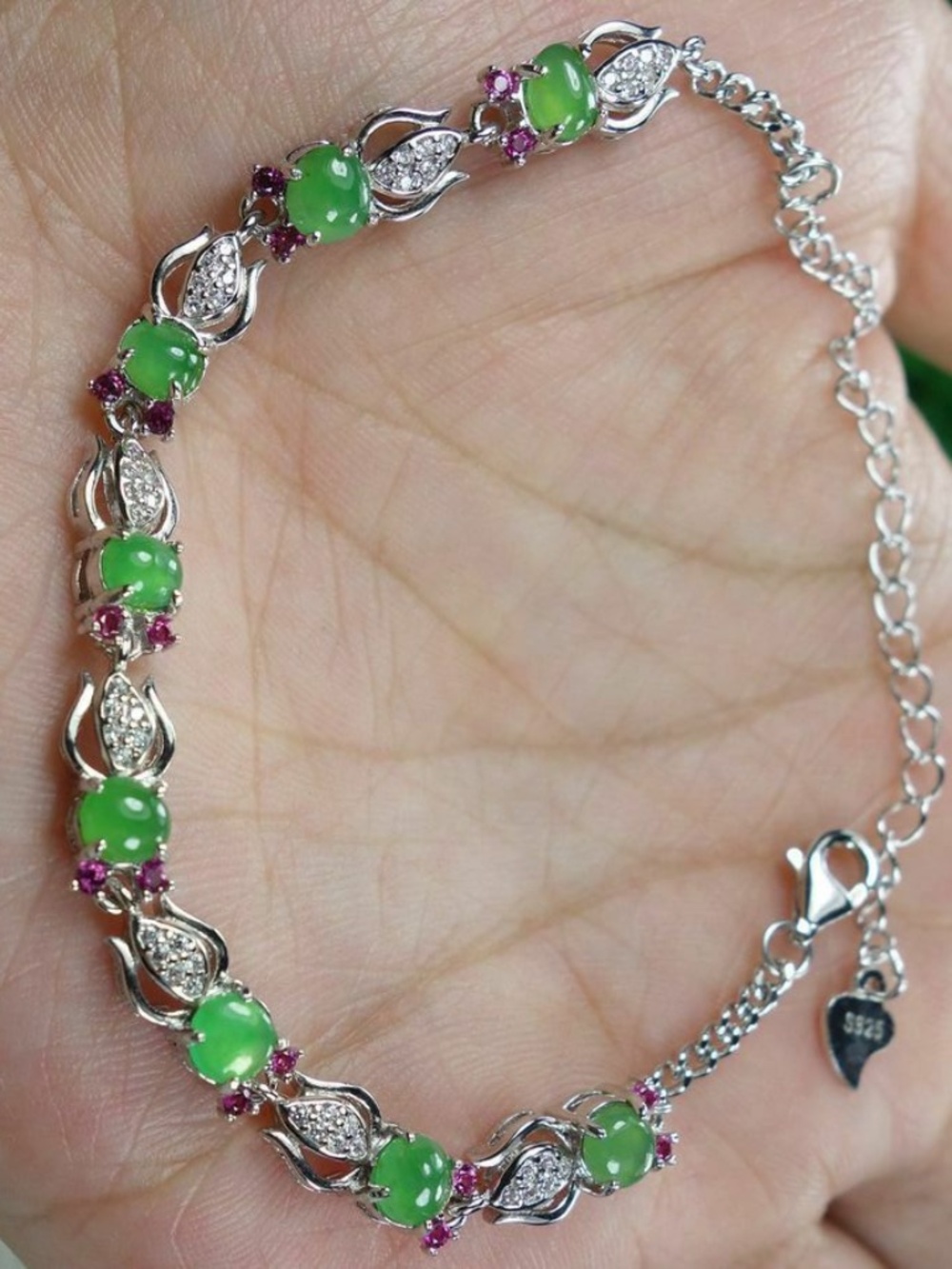 Certified Icy Green 100% Natural A jadeite Jade Bracelets S925 Silver 手链
